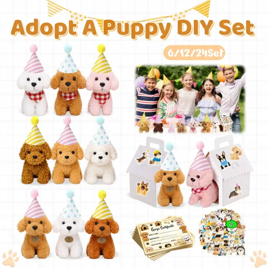 6/12/24Pcs DIY Adopt A Puppy Party Favors Stuffed Animal with DIY Dog House for Toys Graduation Bady Shower Birthday Gifts 4.7in