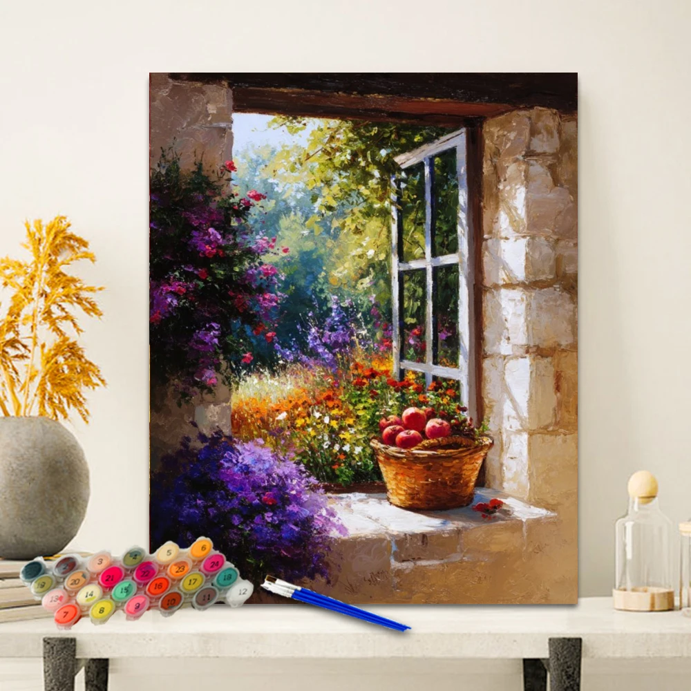 Painting By Numbers Window sill fruit basket Anniversary gift on Digital Painting Canvas Acrylic Paint Image Digital Coloring