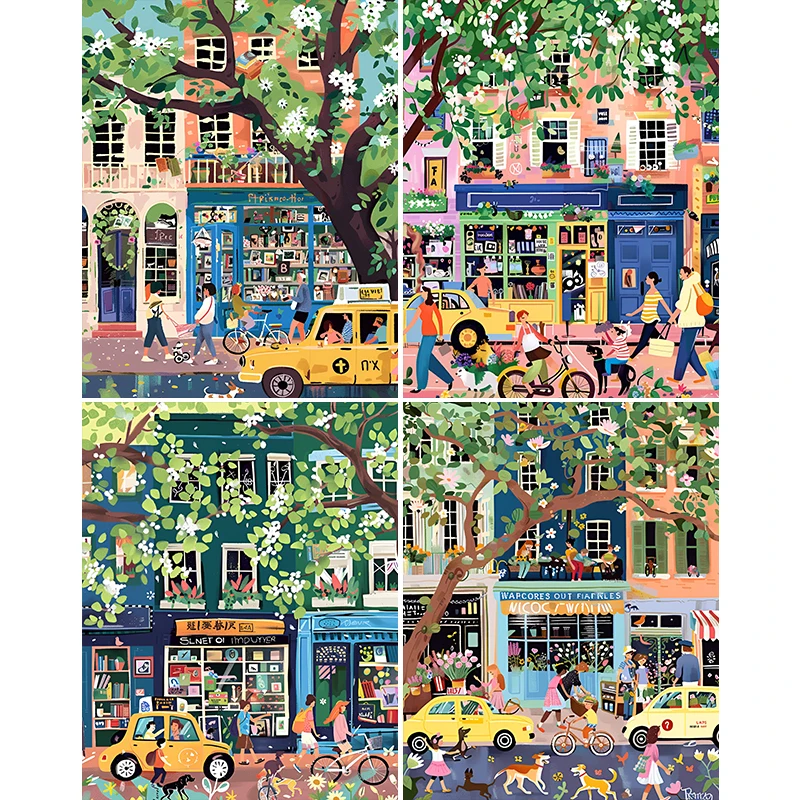 Painting By Numbers Street Bookstore Anniversary Gift on Digital Painting Canvas Acrylic Paint Image Digital Coloring