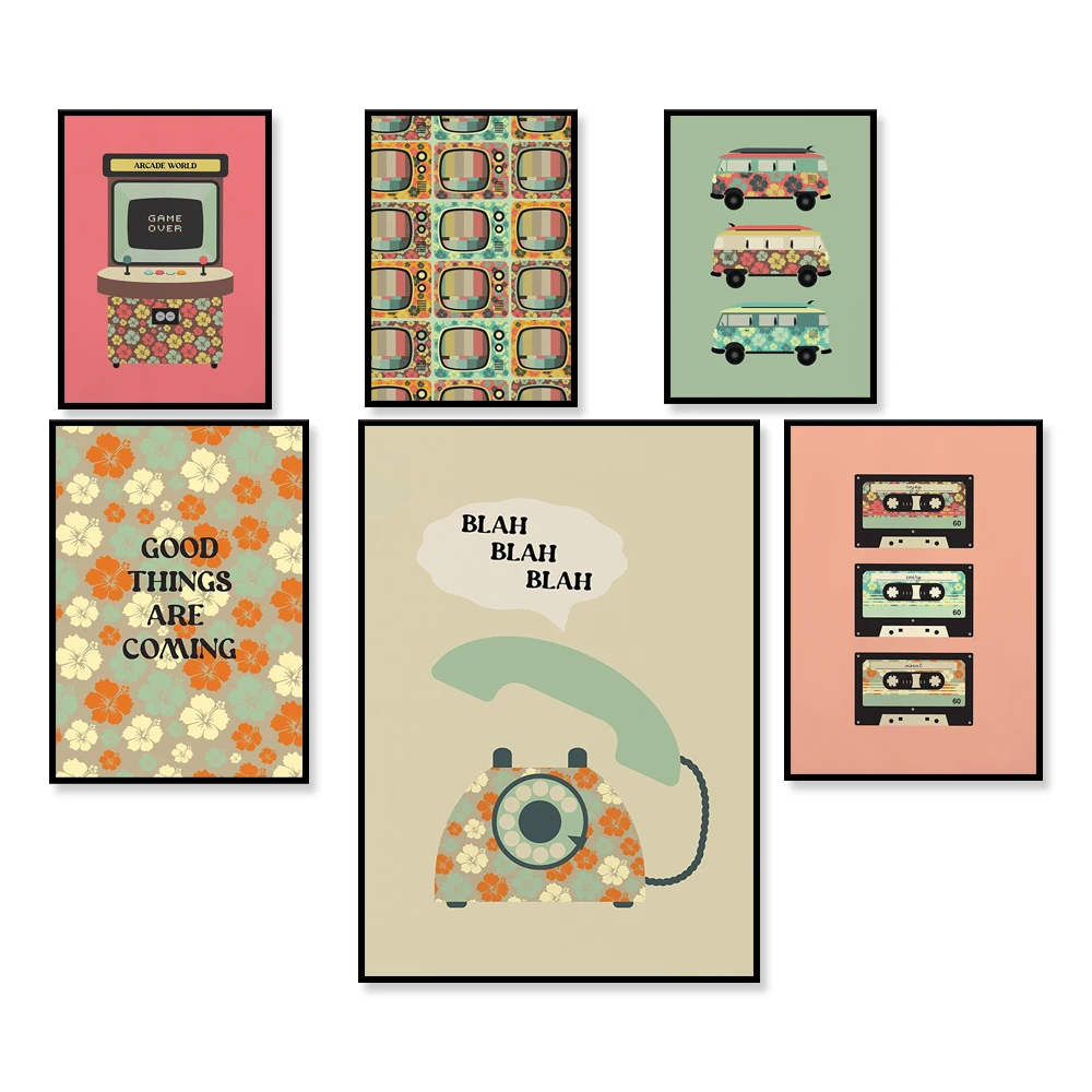 Retro TV Digital Telephone Floral Typewriter  Print | Retro Wall Art | 70s Art Print