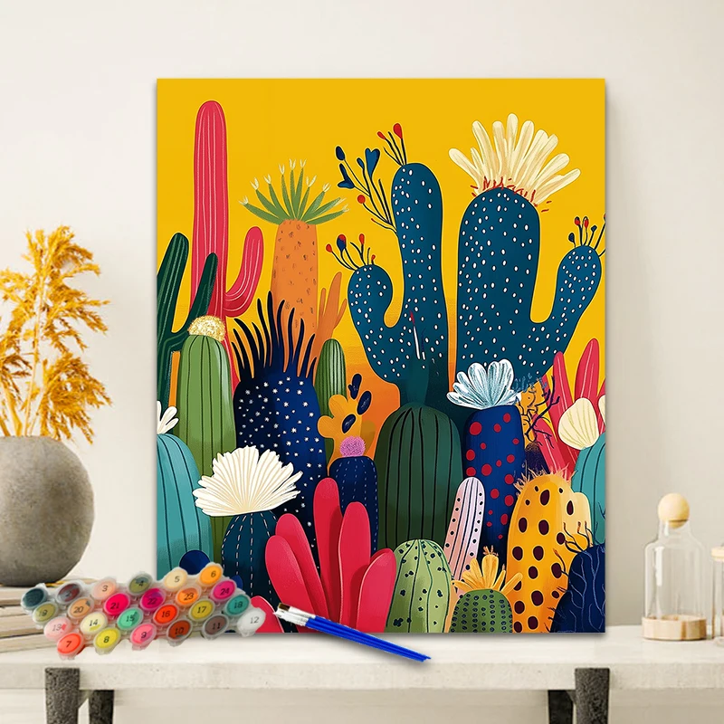 Painting By Numbers Bright Cactus Anniversary gift on Digital Painting Canvas Acrylic Paint Image Digital Coloring