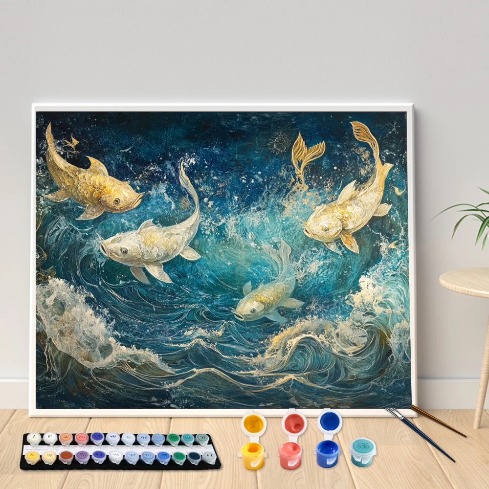 Digital Acrylic Painting Kit DIY Carp and sea Hand Art Canvas Hand Painted Home Decor Personalized Surprise Gift