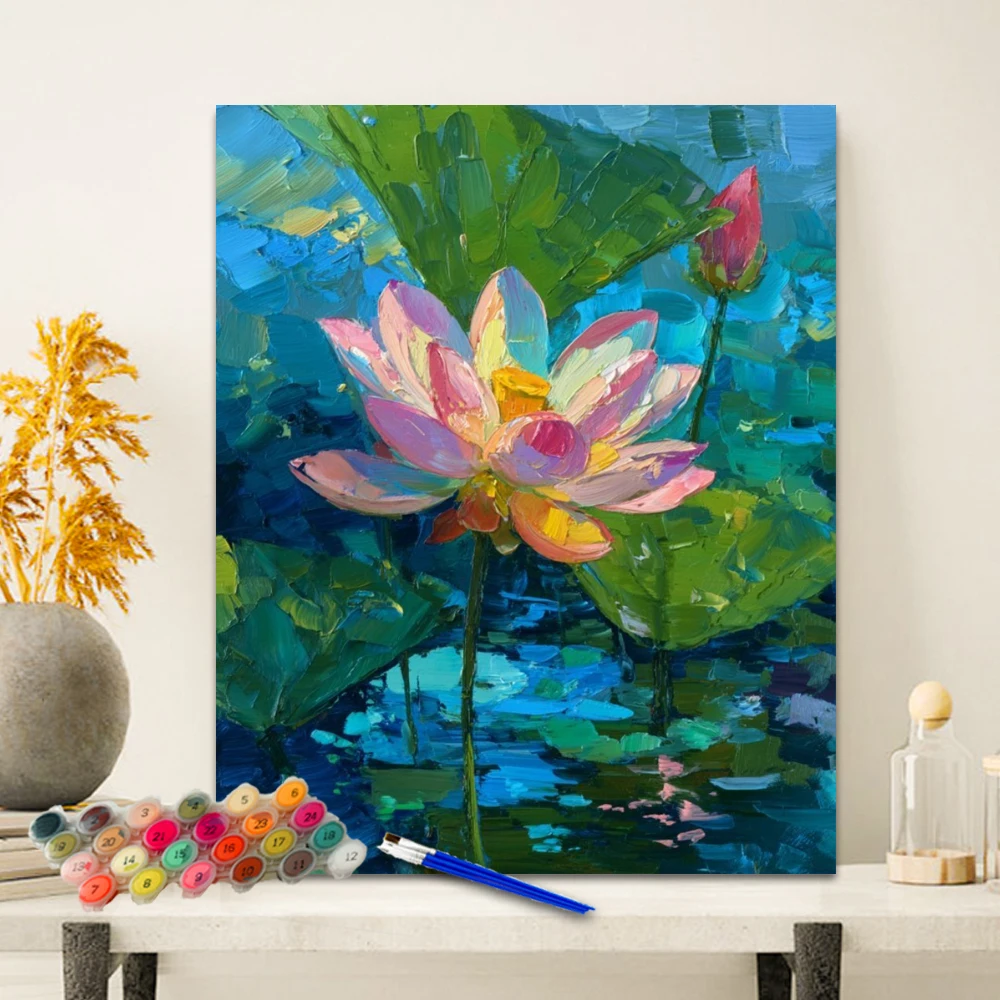 Painting By Numbers  Lotus  Anniversary gift on Digital Painting Canvas Acrylic Paint Image Digital Coloring