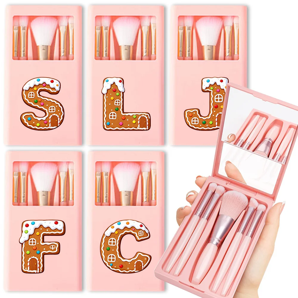 5PCS Long Makeup Brush Set With Mirror Organizer Case Durable Cosmetic Facial Beauty Tools With Storage Box Gingerbread Pattern