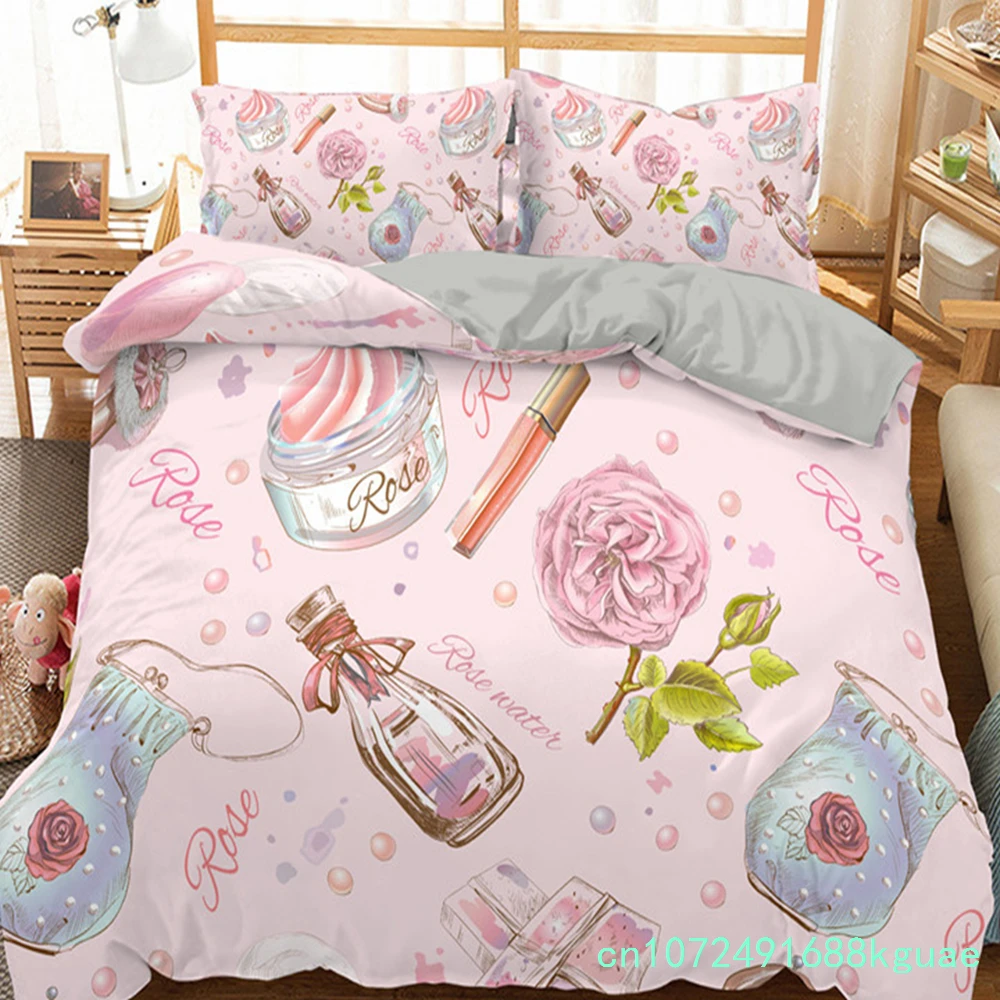 Fashion Bedding Set Makeup Cosmetic Theme Duvet Cover Polyester Perfume Lipstick Nail Polish Brush Print Quilt Cover King Size