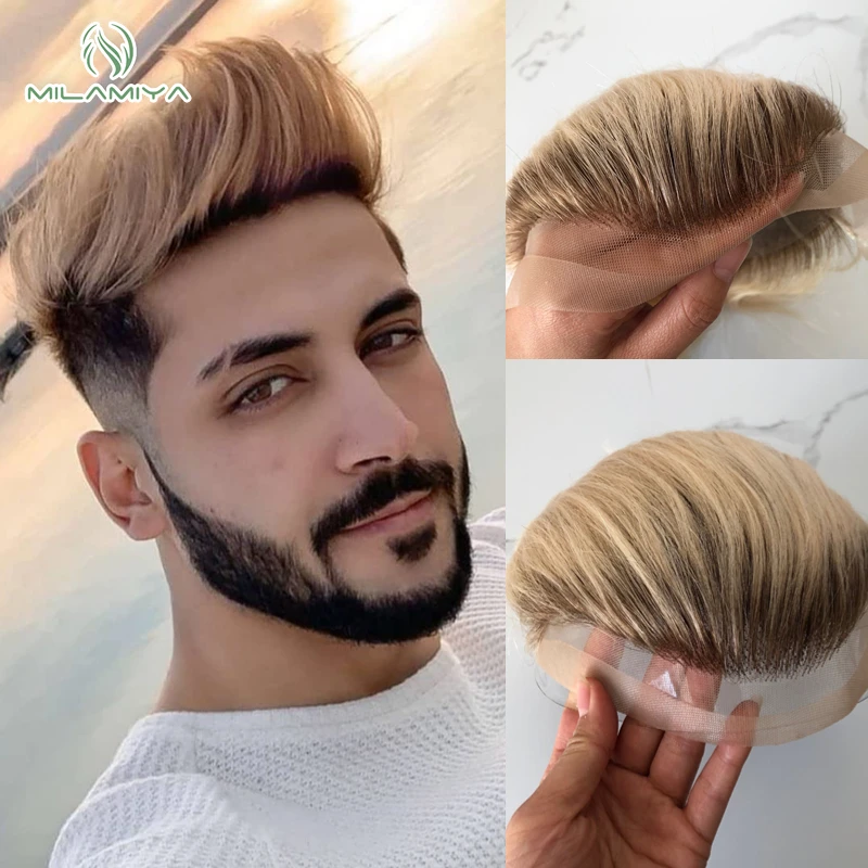 Men Toupee Lace And Pu Base Wigs Blonde Hair Lace Front Hair Systems Male Hair Prosthesis T4/613 Hairpieces For Men Hair System