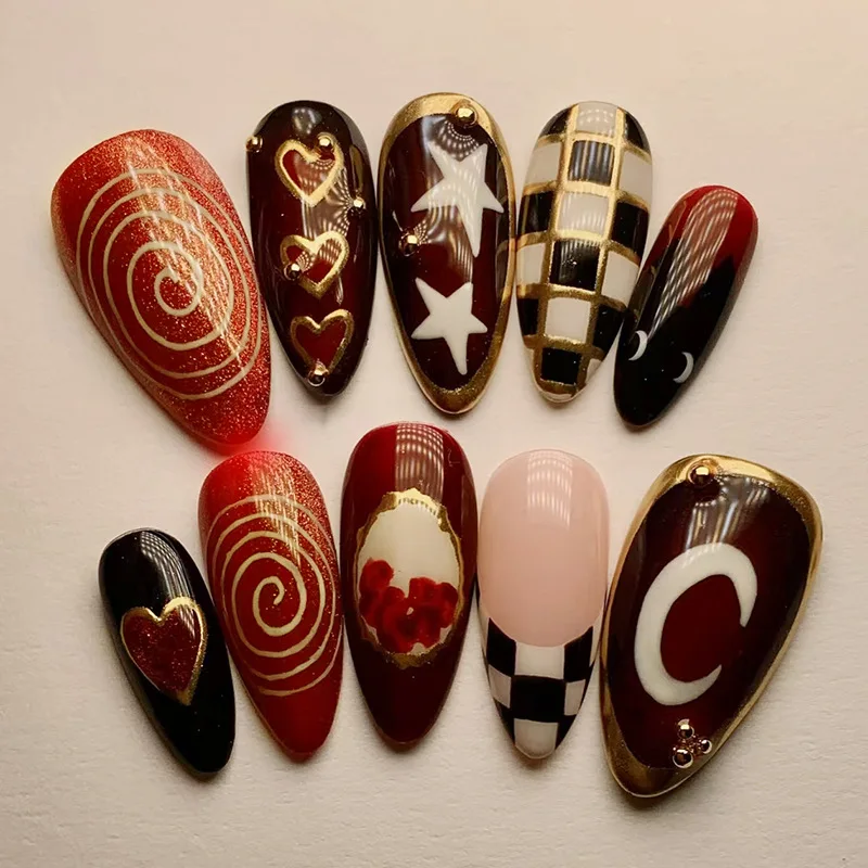 24Pcs Heart Plaid French Press on Nails Star Circle Line Design Full Cover Fake Nail Tip Mid-length Almond Wearable False Nails