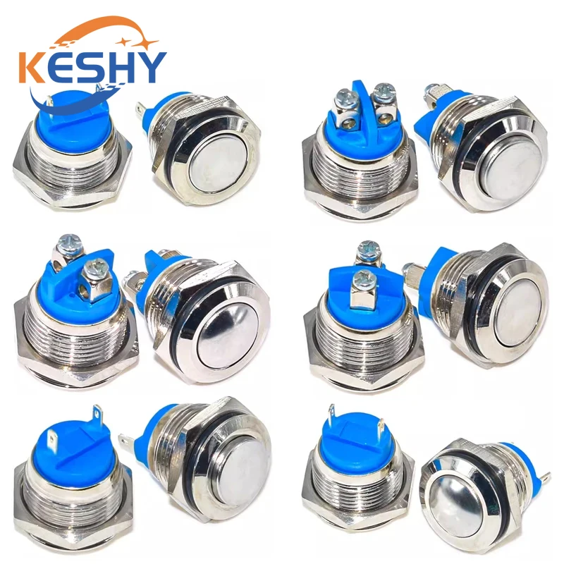 16mm 1NO High Flat Head Waterproof Momentary Reset Metal Push Button Switch Screw Terminal Car Engine Doorbell PC Power Switch
