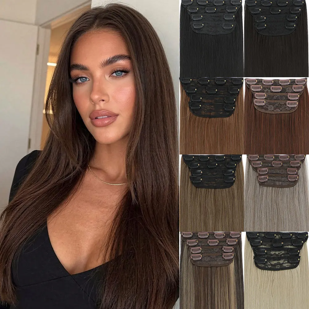 Clip in Hair Extensions 24 Inch Straight 4Pcs Set 200g 11 Clips Heat Resistant Synthetic Hair for Women Black Brown Blonde Soft