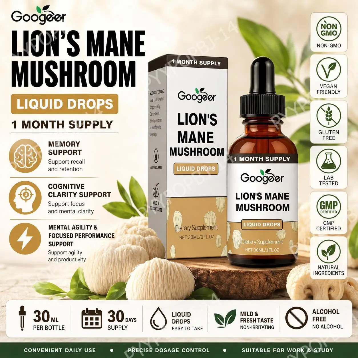 Googeer Lion's Mane Mushroom Liquid Drops Memory and Focus Support for Cognitive Clarity, Mental Agility, Alcohol-Free 30 ML