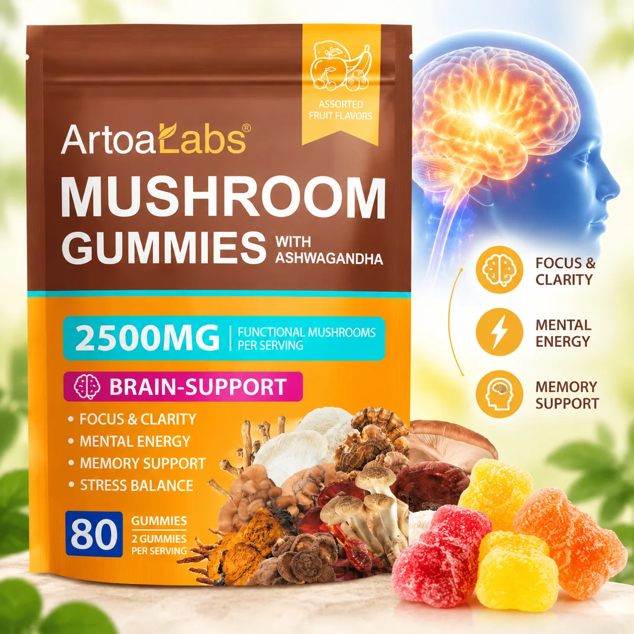 2500mg Mushroom Gummies for Immune Energy Mental Clarity Ashwagandha 7-in-1 Functional Mushrooms Vegan 80 Raspberry Gummies