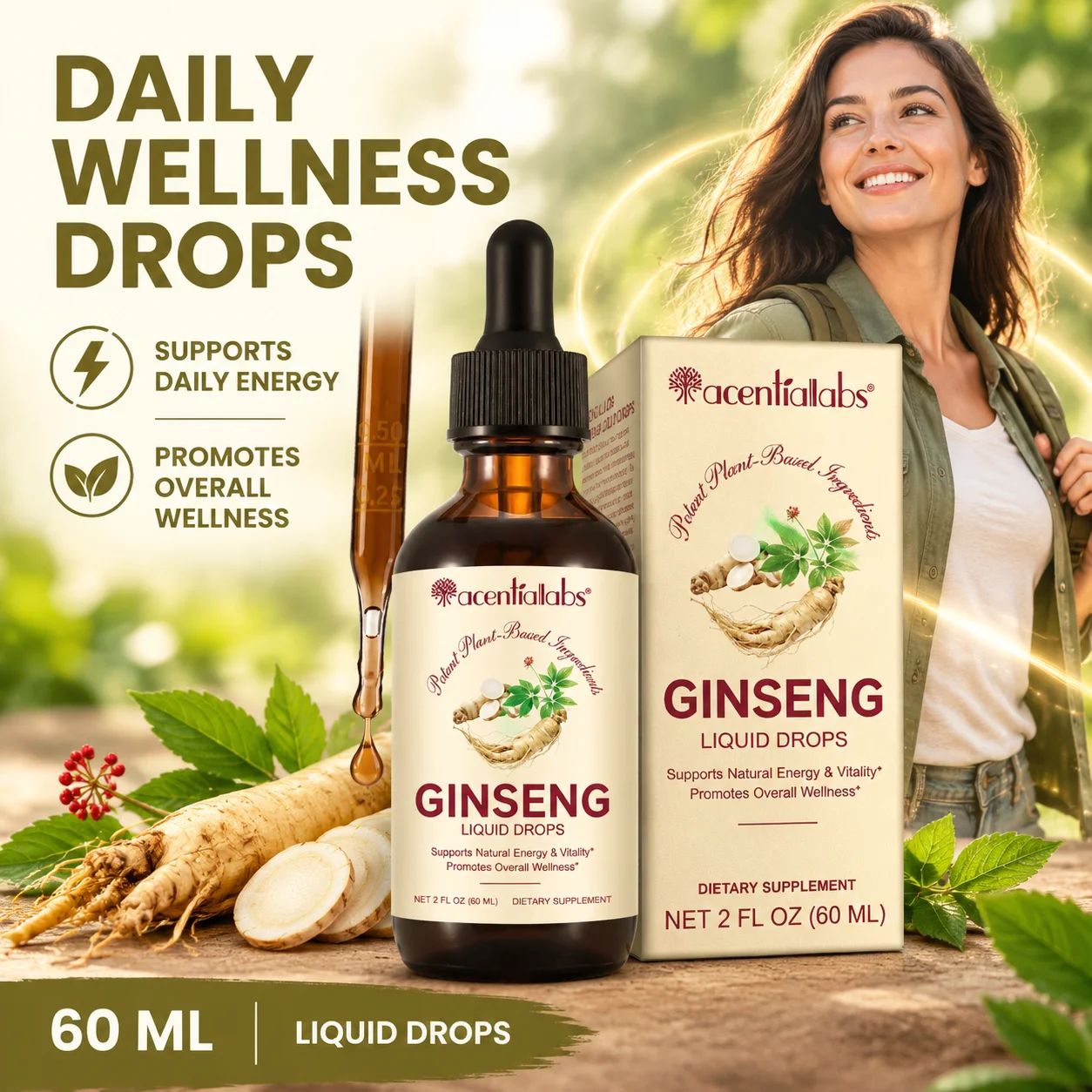 AcentiLabs Ginseng Liquid Drops Korean Red Ginseng Extract Supports Daily Energy Cognitive Wellness Focus Mental Clarity 60ml
