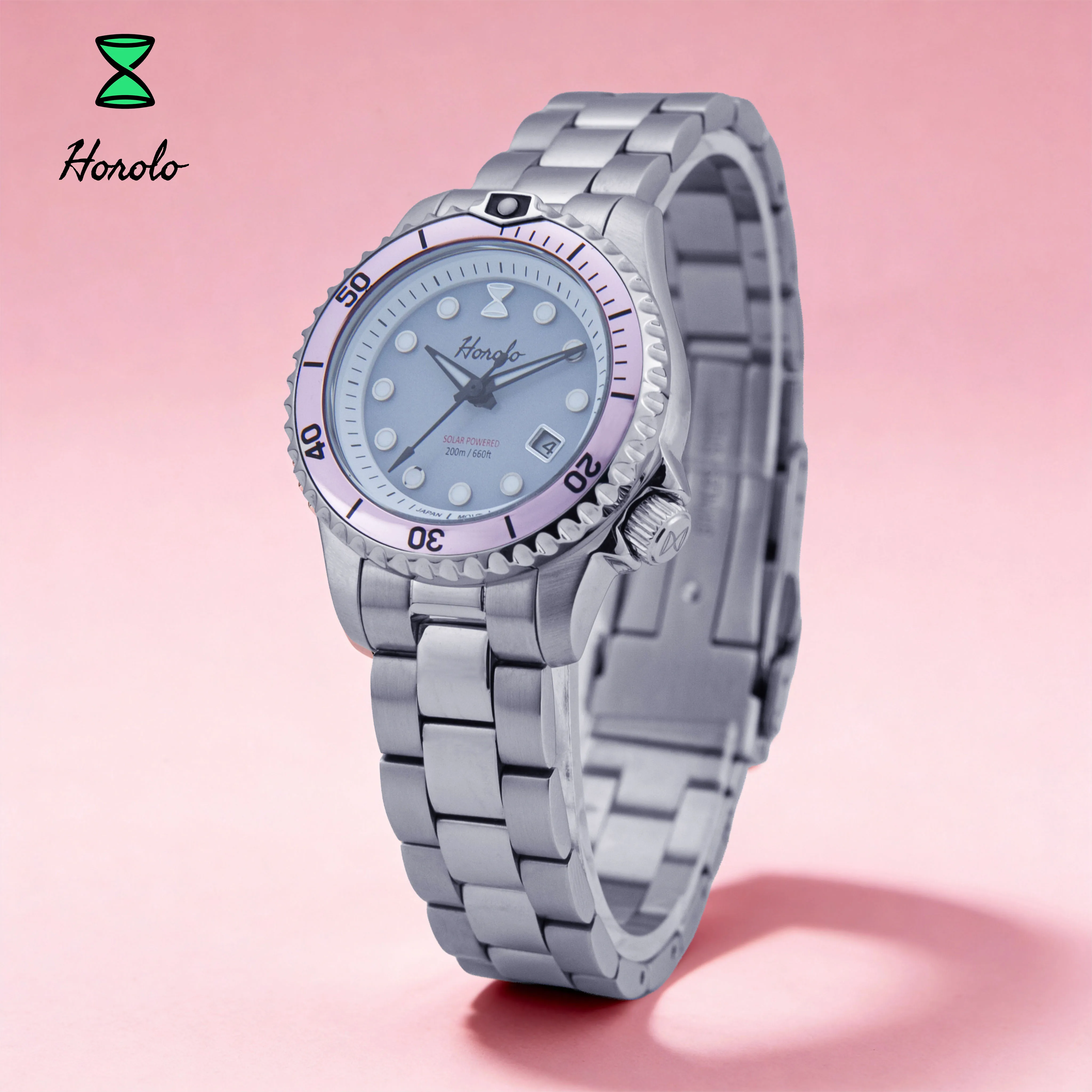 Horolo 30mm Women's Watches Japan Solar Movement Luminous Water Resistant Sapphire Stainless Steel Luxury Watch Gift For Wife
