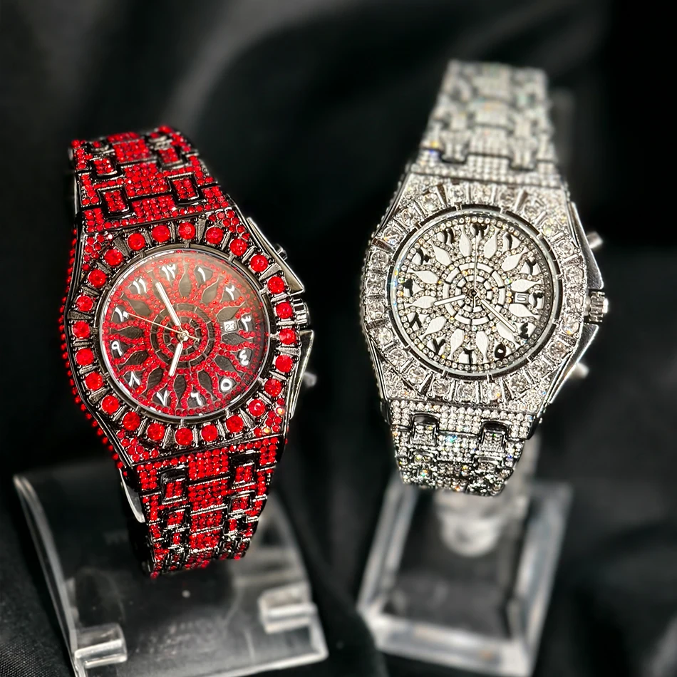 Red Diamond Watch For Men Brand PINTIME Fashion Arabic Literal Quartz Clock Man Hip Hoplced Jewelry Round Wristwatch 2026 New