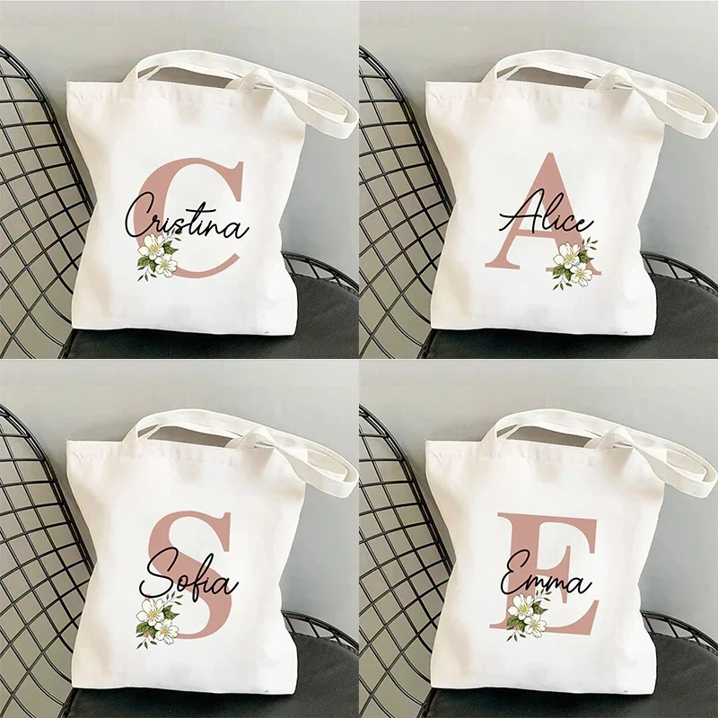 Custom Name White Canvas Tote Bag Large Capacity Foldable Supermarket Shopping Bag For Women Shopper Personalized Handbags