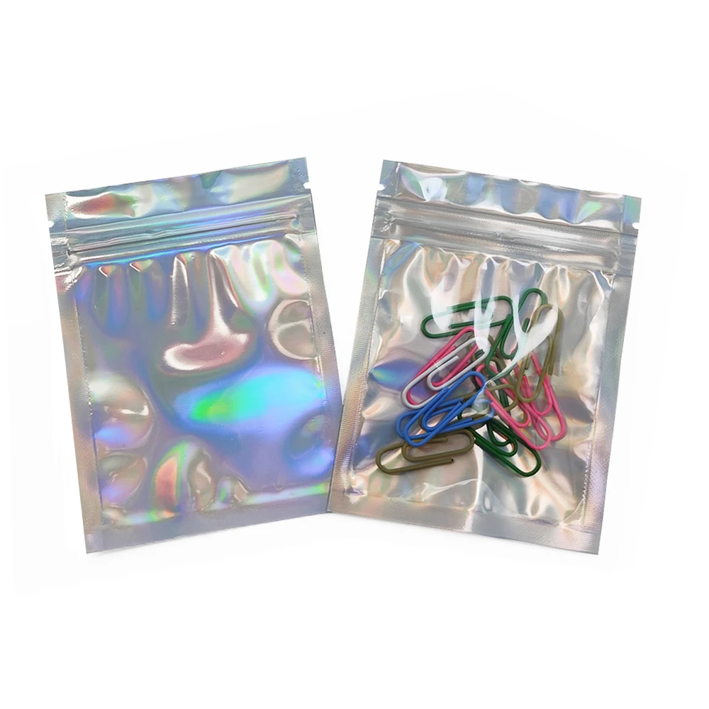 100PCS Clear Front Plastic Reclosable Zip Lock Holographic Laser Gift Candy Packing Bag With Tear Notch Self Sealing Foil Pouch
