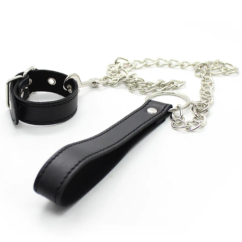 Leather Penis Ring Fetish Bondage Metal Chain Scrotal Cuff Traction Rope BDSM Training Penis Exercise Adult Male Sexual Products