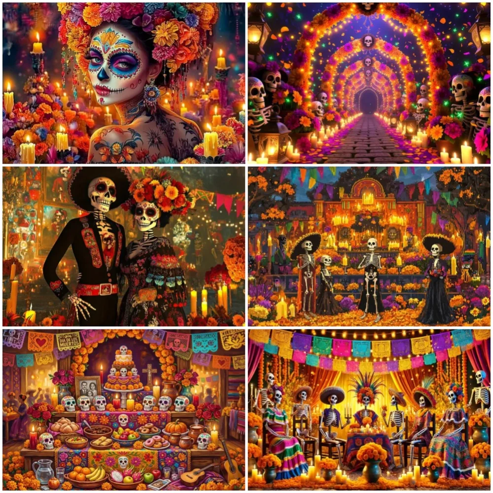 Mexican Day Of The Dead Dia De Los Muertos Background Carnival Skeleton Halloween Party Decoration Backdrop Wall Hanging Banner