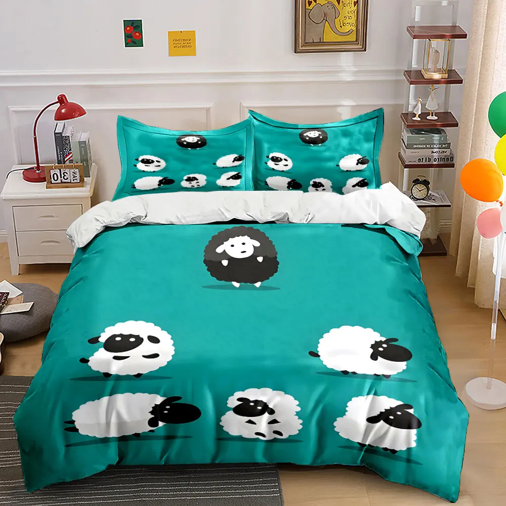 Cartoon sheep and a black one Pattern Duvet Cover Set Digital Print Colorful Polyester Bedding with Zipper Closur for kids gifts