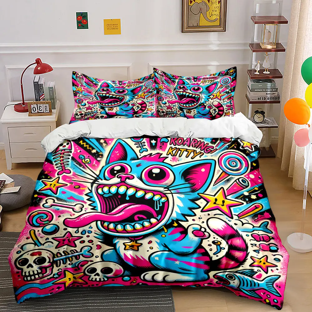 Pop graffiti style roaring cat Pattern Duvet Cover Set Digital Print Colorful Polyester Bedding with Zipper Closur for gifts