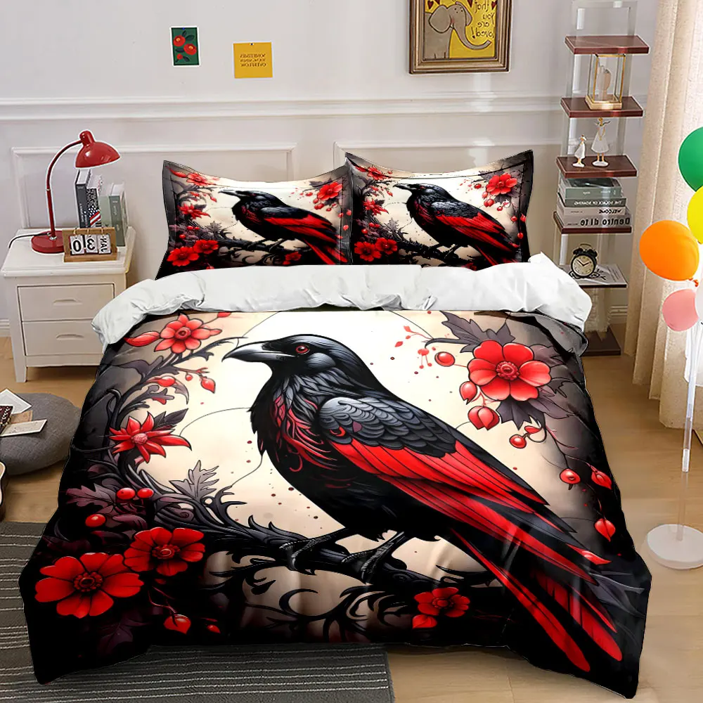 Dark Gothic style raven red flower Pattern Duvet Cover Set Digital Print Colorful Polyester Bedding with Zipper Closur for gifts