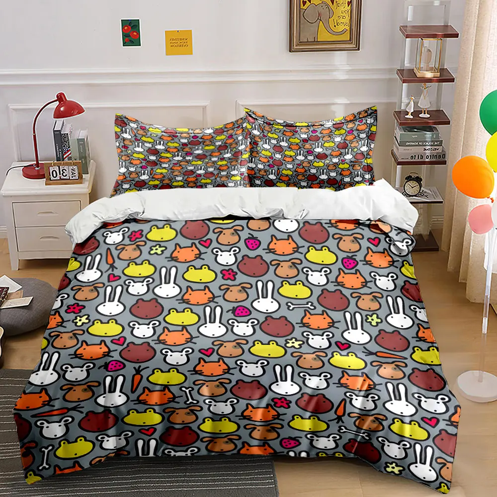 Cartoon Animal Face Pattern Pattern Duvet Cover Set Digital Print Colorful Polyester Bedding with Zipper Closur for kids gifts