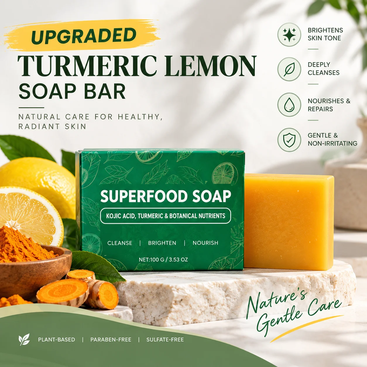 Botanical Soap With Turmeric Lemon For Skin Cleanse & Dark Spot Care,Deep Clean Facial Body Skin Smooth Texture Kojic Acid Soap