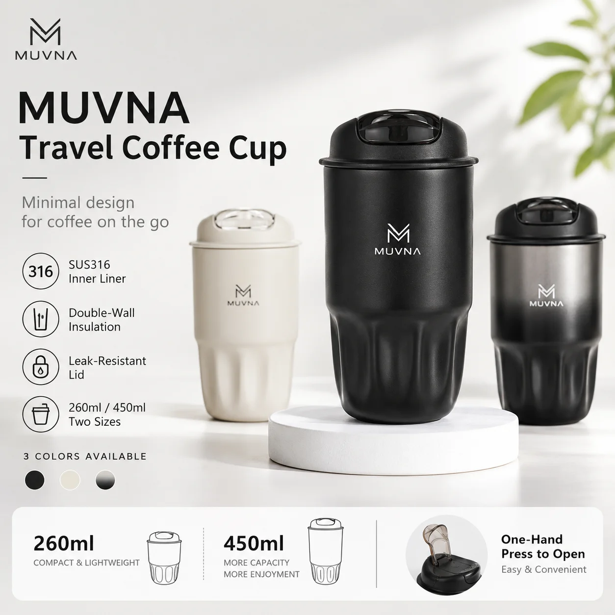MUVNA Coffee Insulated Cup 260ML/450ML Outdoor Portable Ice Cup Travel Coffee Mug Spill Proof With Lid Car Thermos Cup White