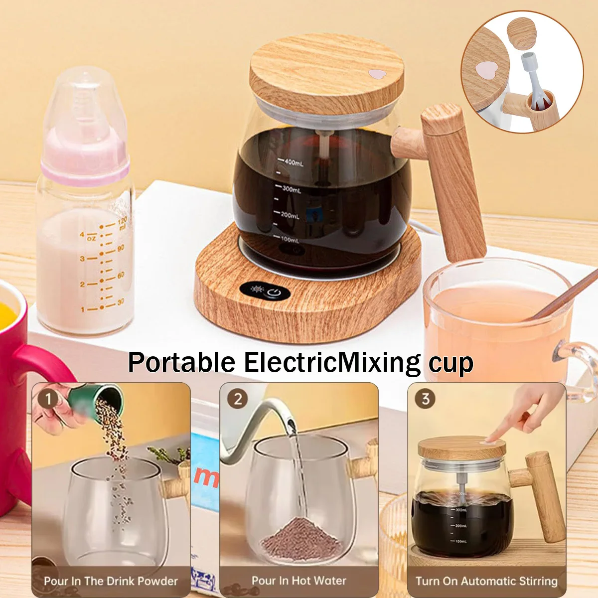 400ml Electric Self Stirring Coffee Cup Waterproof Glass Mug with Automatic Protein Powder Mixing Function