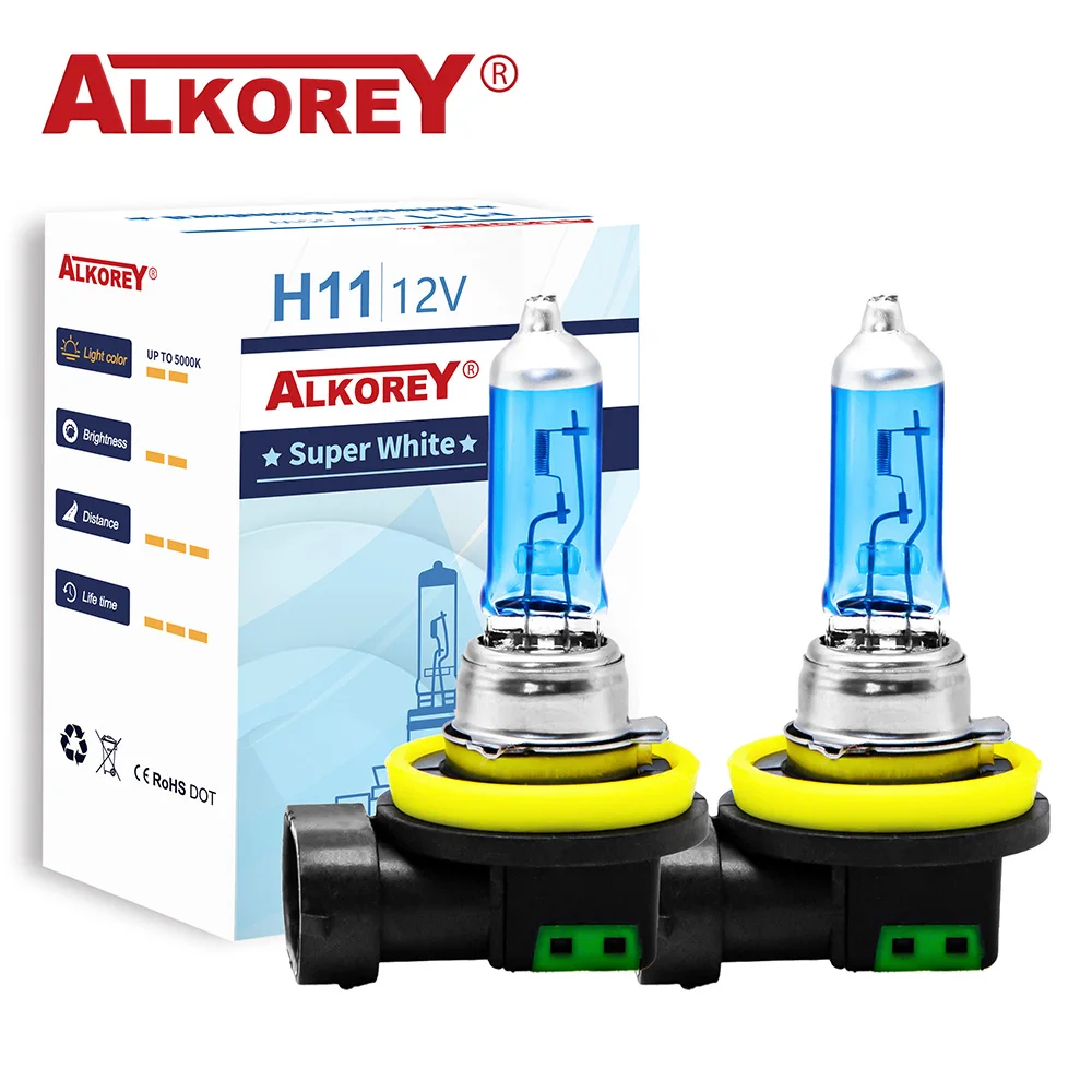 ALKOREY 2 Pcs 12v 55w H11 Halogen Bulb 5000K Quartz Glass Car Fog Light Auto Lamp Halogen Headlight Bulbs Super White Fog Lights