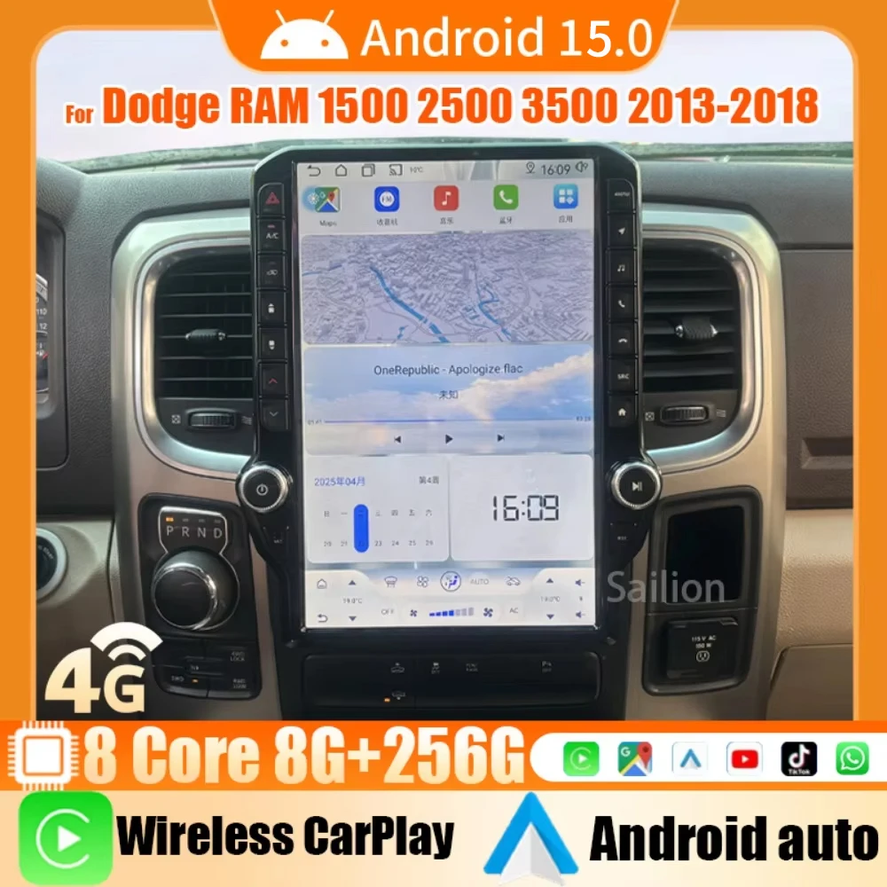 14.5 Inch Qualcomm For Dodge RAM 1500 2500 3500 2013-2018 Car Radio Android 15 Carplay Auto Screen 4G  Stereo GPS Video Player