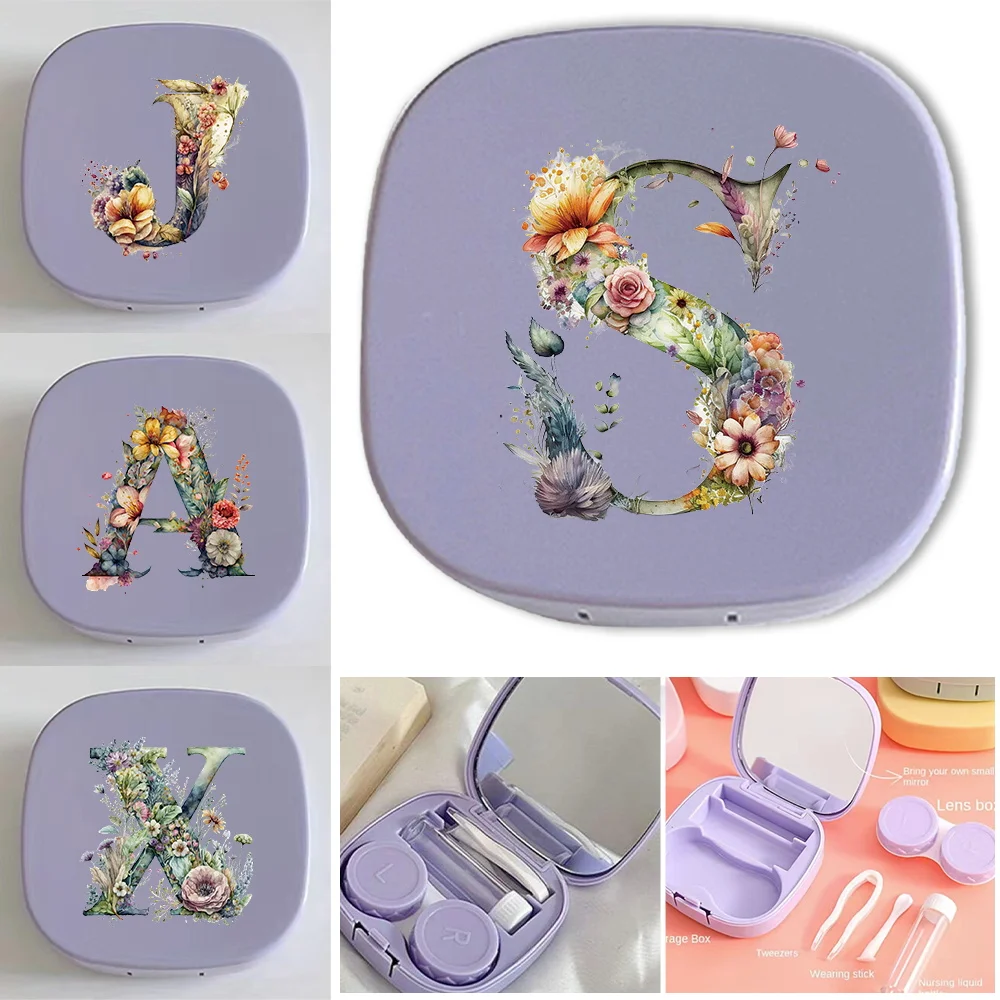 Mini Travel Contact Lens Storage Kit Leak-proof Contacts Case With Built-in Mirror & Removal Tools Floral Letter Pattern