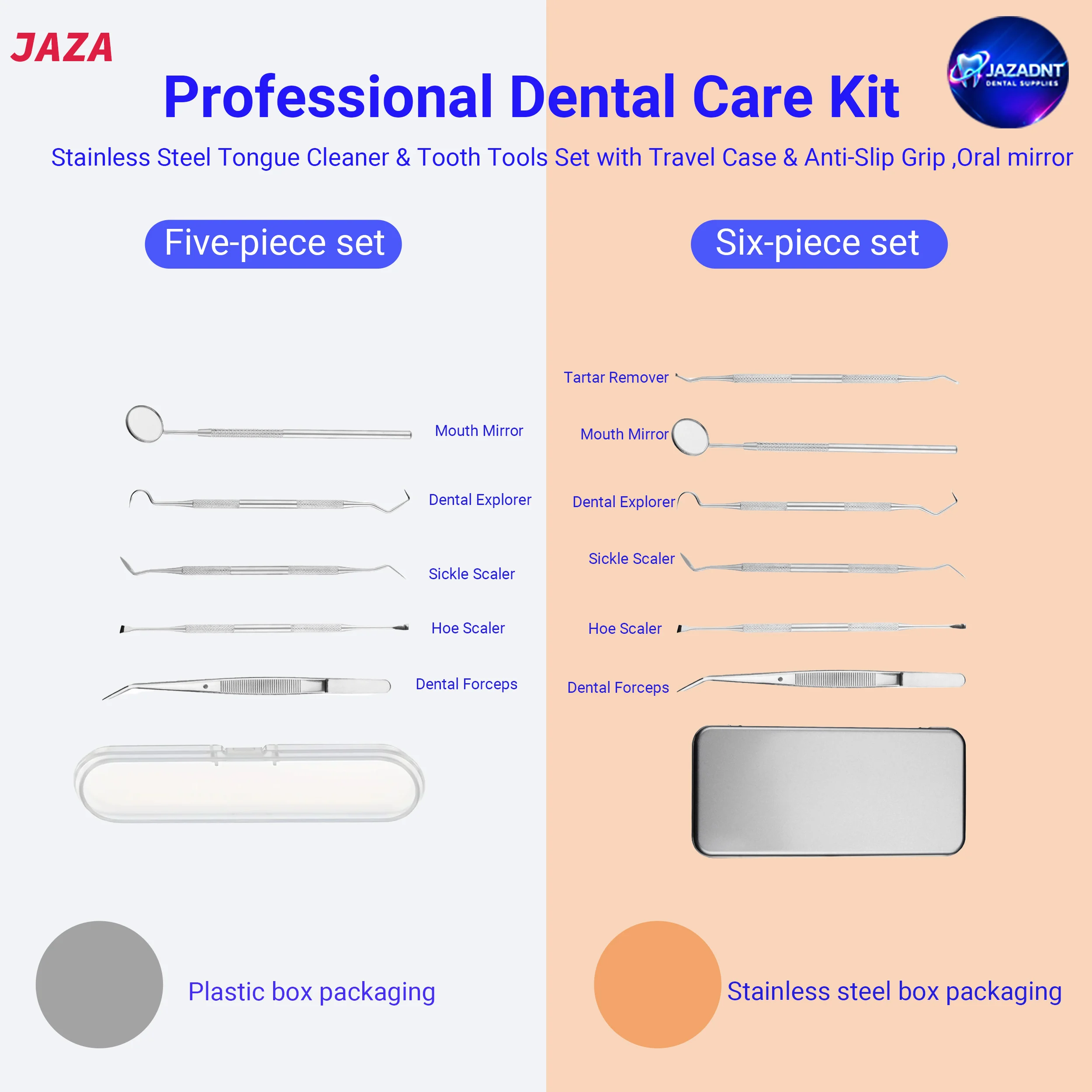 JAZA Professional Dental Care Kit&Tooth Tools Set with Travel Case-Stainless Steel Tongue Cleaner&Anti-Slip Grip,Oral mirror