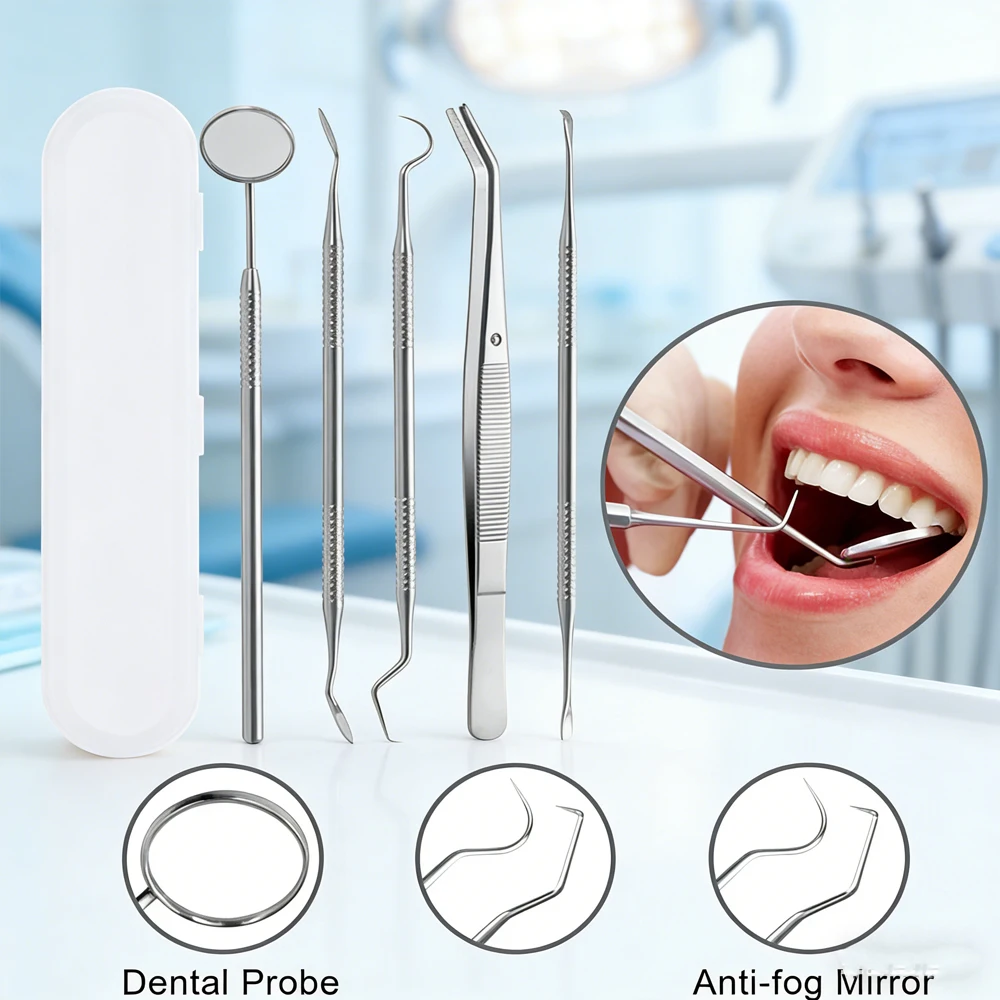 5 Pieces Dental Tools Kit with Case Including Probe Scaler Mirror Plier and Scraper for Professional Oral Hygiene Cleaning Set