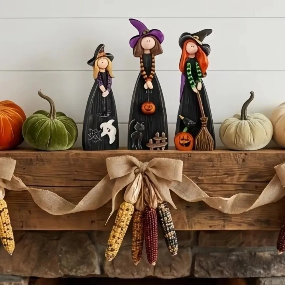 2D Design Halloween Witch Figurine Wooden Material Pumpkin Accent Witch Model Black Cat Accent Ghostly Accent
