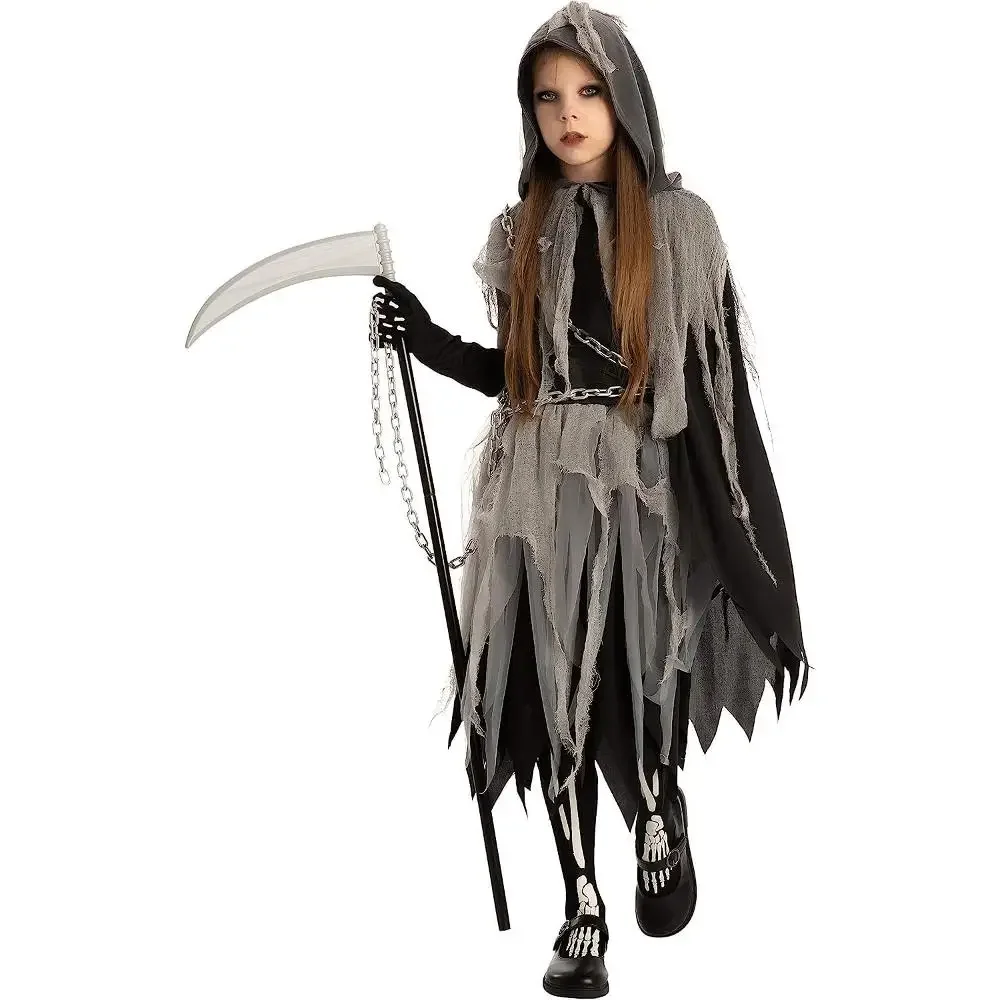 Sloosh Creations Girl Grim Reaper Costume with Gloves and Tights Glow in the Dark, Scary Halloween Costume for Dress-Up Party