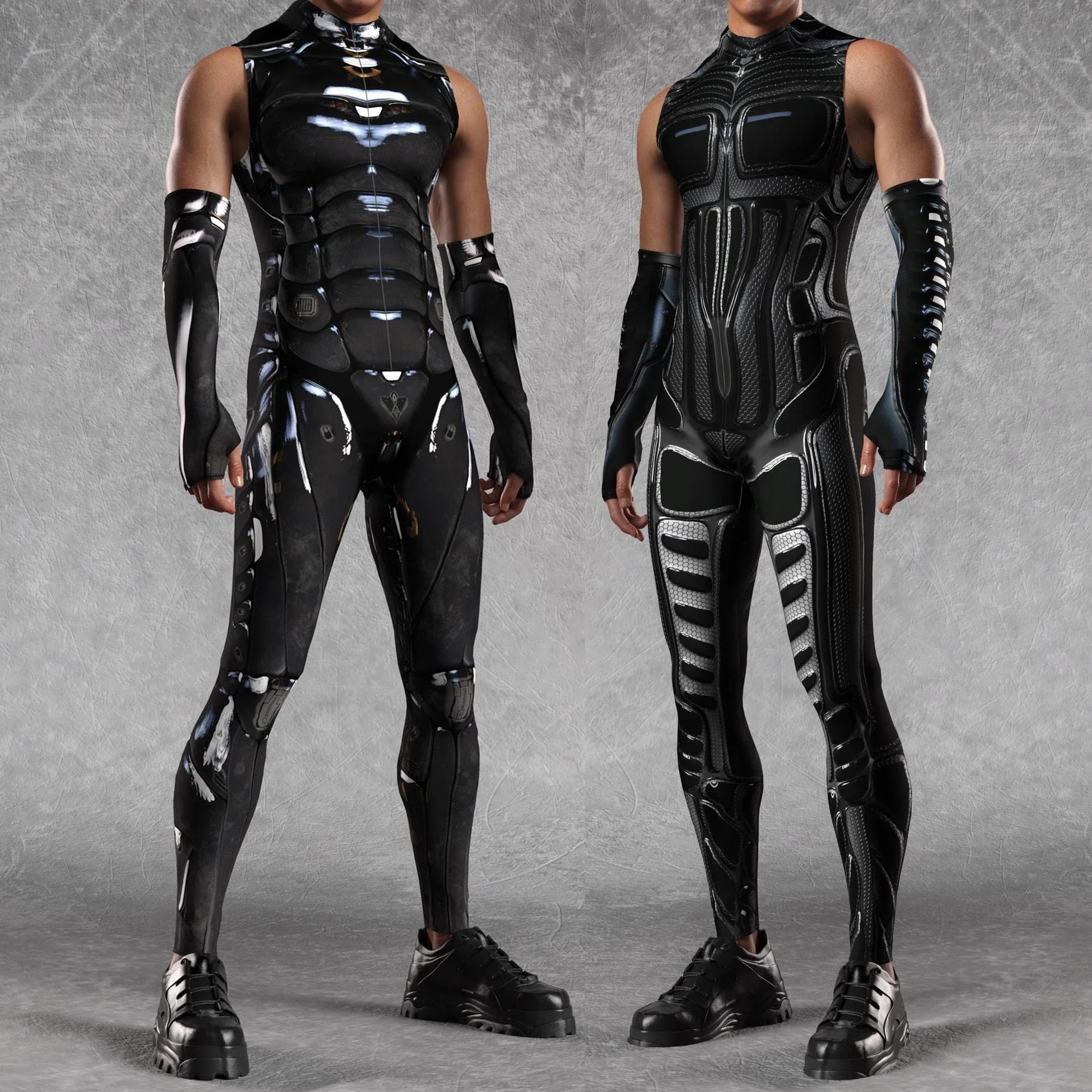 Men's Steampunk Cosplay Armor Robot Costume Stretch Tights Cyberpunk Mechanical Armor Bodysuit Halloween Party Sleeves Jumpsuit