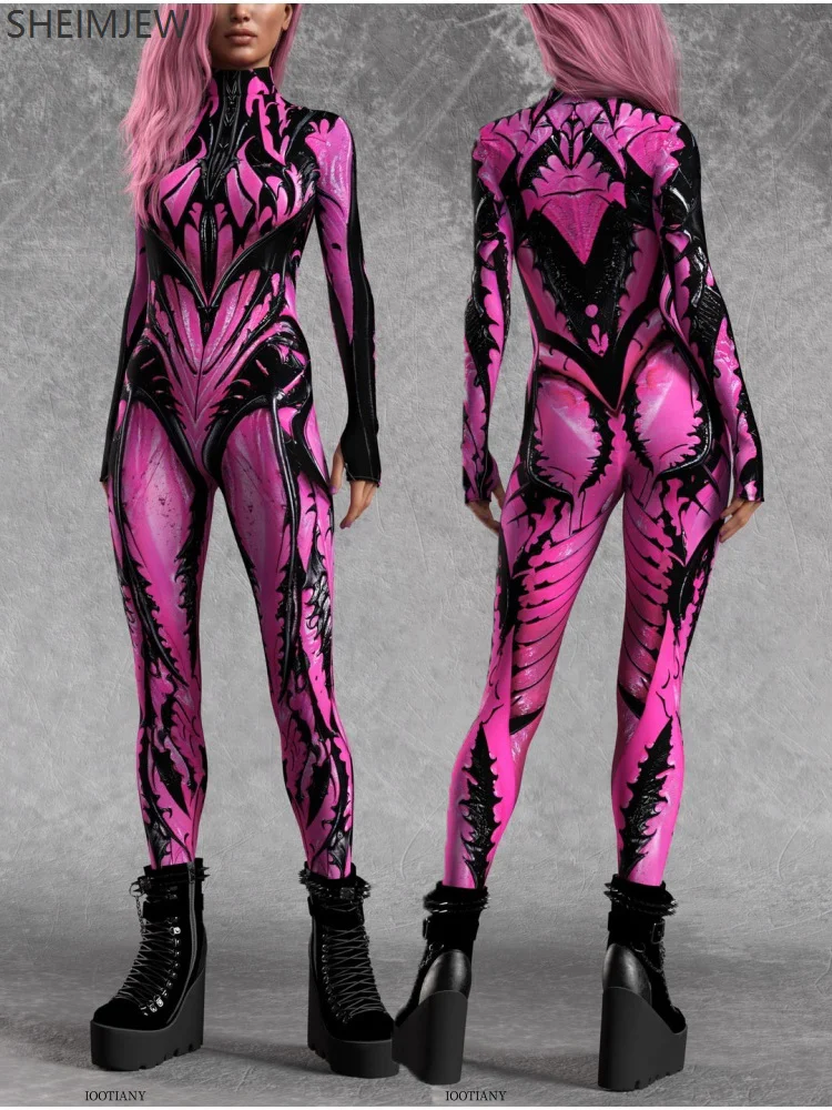 Sexy Women's Psychedelic Mesh Cosplay Bodysuit Horror Halloween Festival Party Jumpsuit Carnival Burning Stage Performance Tight