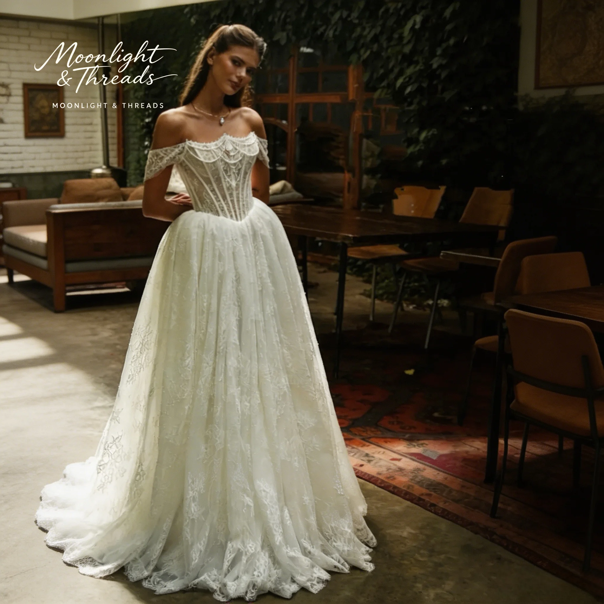White off-the-shoulder strapless sleeveless ball gown for formal occasions and weddings featuring a beaded boned bodice