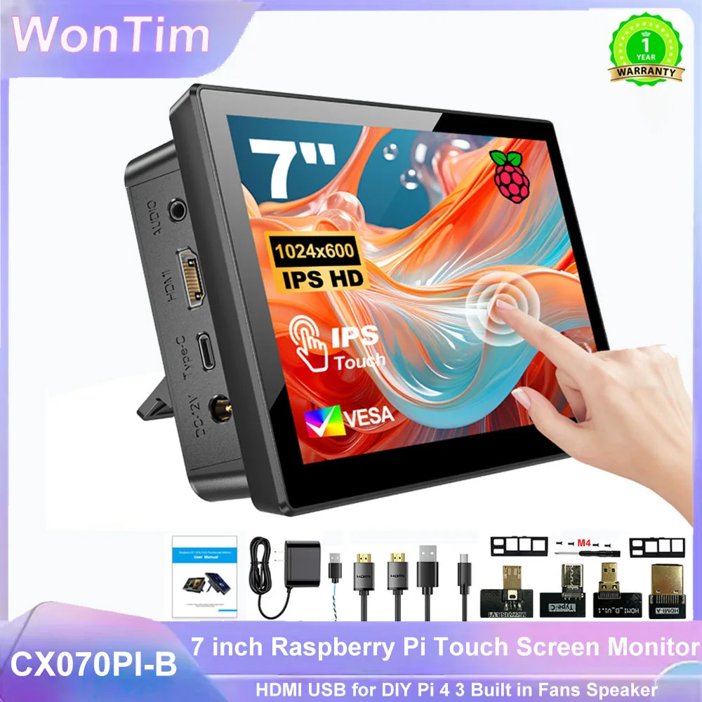 WonTim Portable 7 inch Touch LCD Raspberry Pi 5 4  Screen Industrial Monitor 1024x600 Support HDMI Type-c Display Laptop Pie 3/4