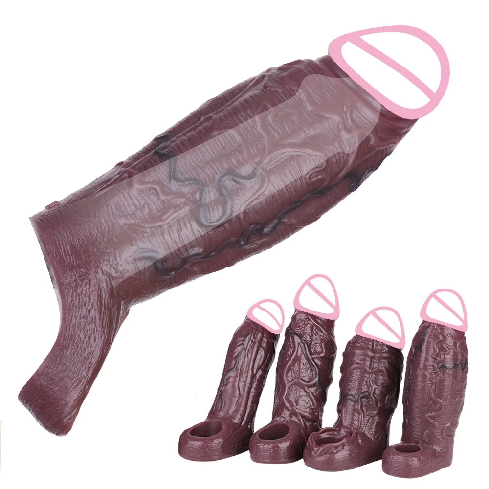 NNSX Silicone Black Dildo Sheath Skin-like Penis Sleeve with Glans Delay Ejaculation Cock Ring Sex Toys Men Cock Enlargement 18