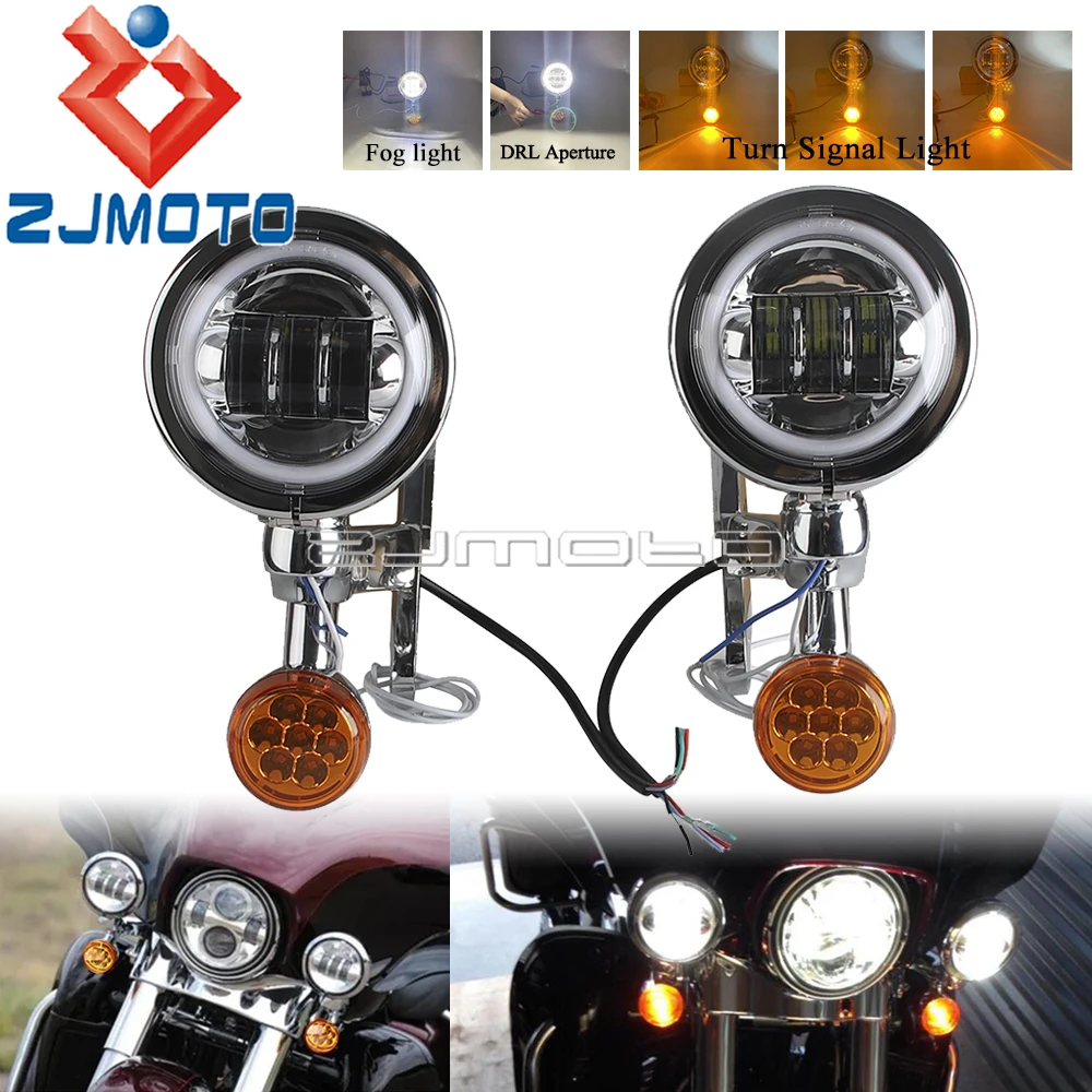 Motorcycle LED Auxiliary Fog Light W/Housing Bucket Turn Signals Spotlight Bracket For Harley Road King FLHX Electra Glide 94-24