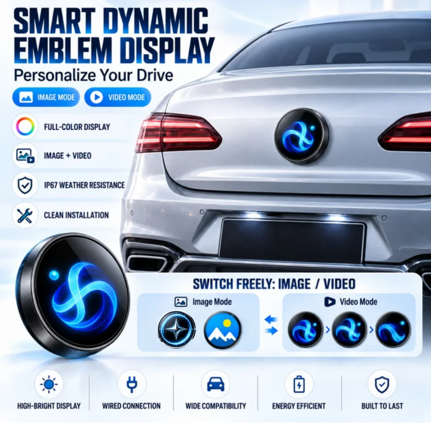 Intelligent Full Color Dynamic LED Car Logo, Custom Image & Video Play Auto Emblem Light for Mercedes Vehicles.