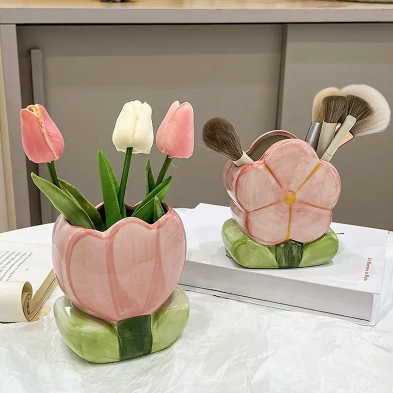High Appearance Tulip Flower Pen Holder Storage Ornament Student Dorm Desk Bedroom Makeup Brush Holder Girls