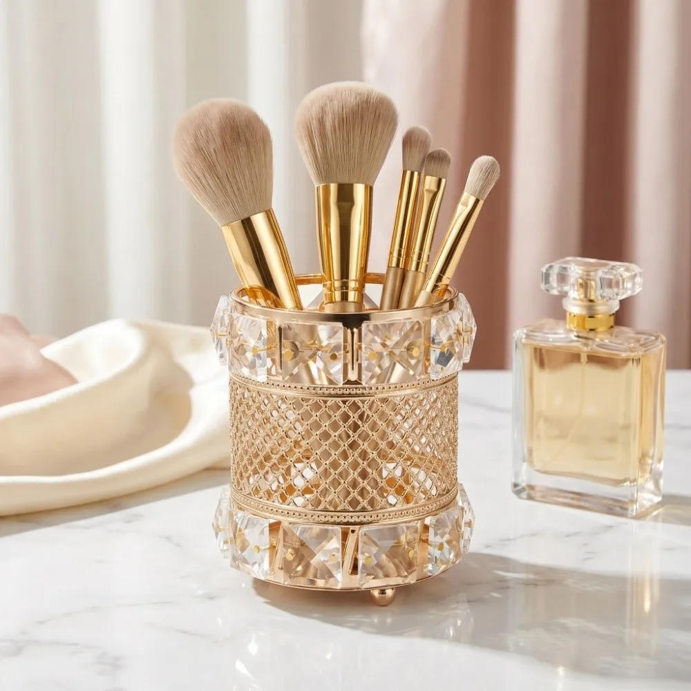 Gold Makeup Brush Holder Organizer Elegant Crystal Cosmetics Brushes Storage Cup Luxurious Bling pen holder Vanity Decor