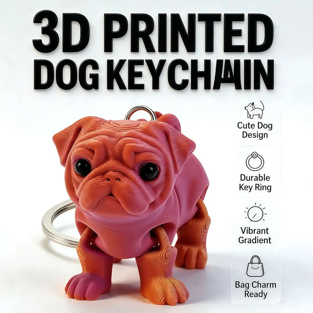 3D Printed Articulated Puppy Dog Keychain Movable Figurine Cute Bag Charm Keyring Collectible Gift for Backpack