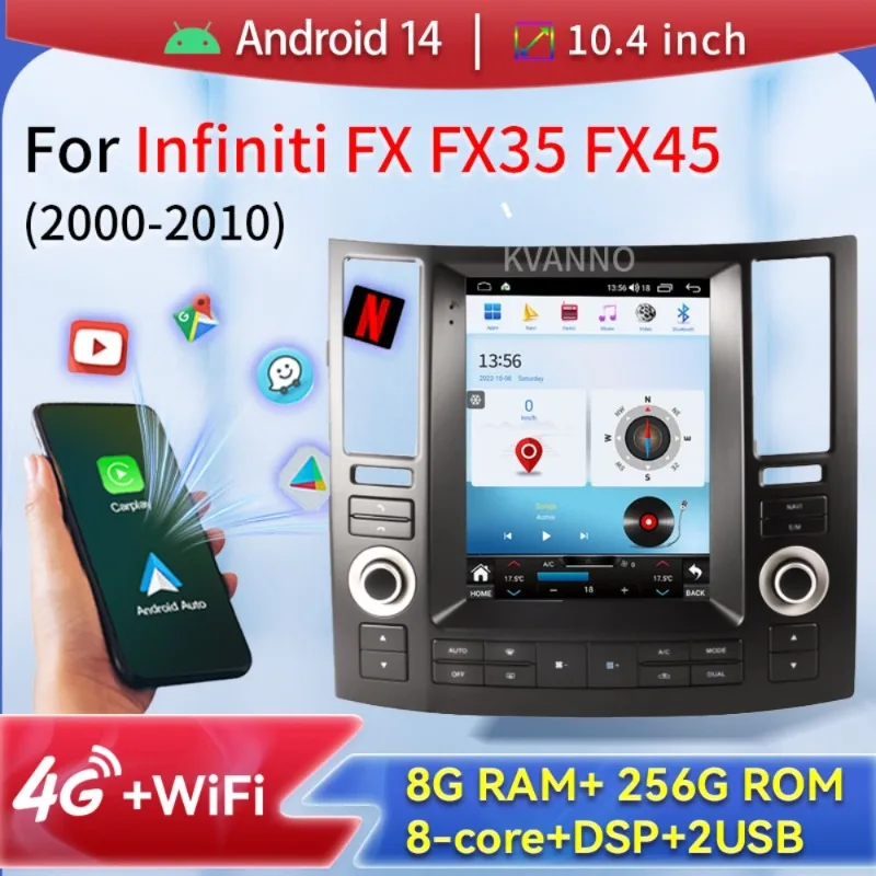 For Infiniti FX FX35 FX45 2000-2010 Car Intelligent Systems Android 15 Tesla Screen Multimedia Car Player Mirror Link Carplay