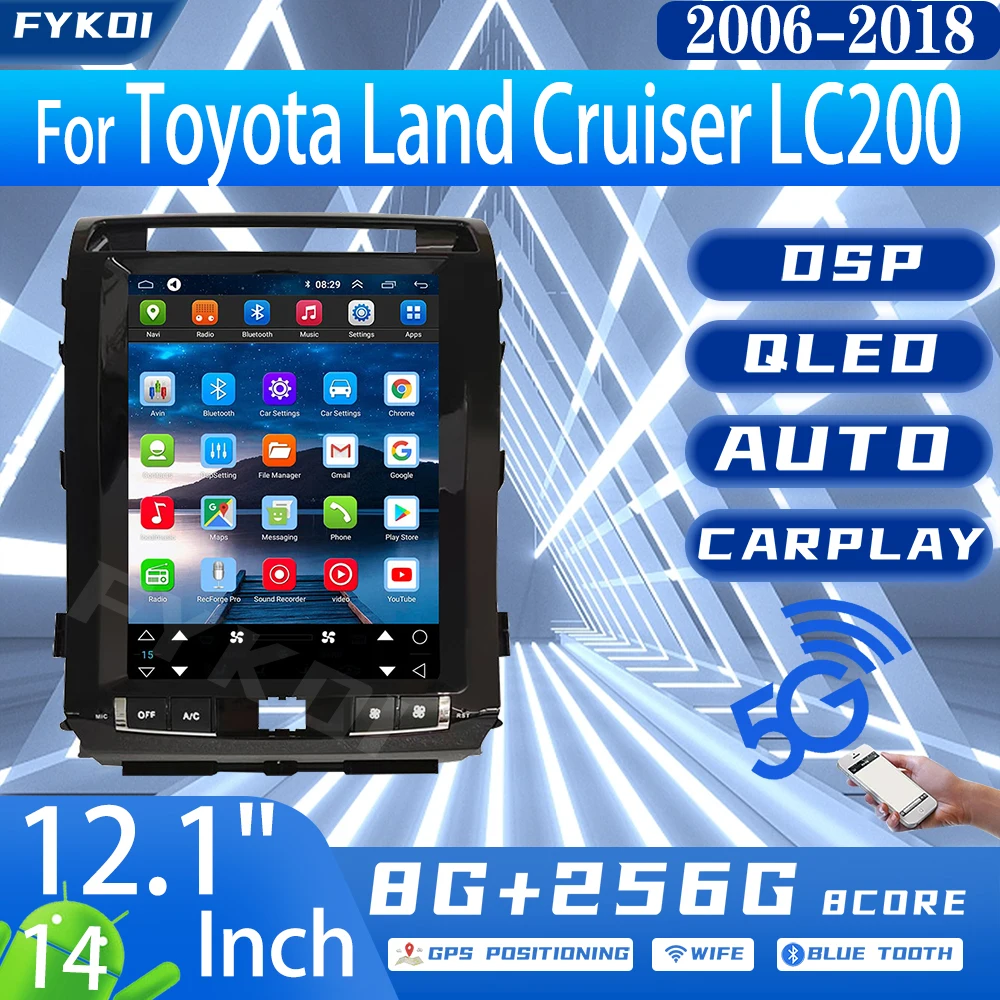 FYKOI Car Radio For Toyota Land Cruiser LC200 2006-2018 Tesla Screen Automotive Multimedia Carplay Android 15 Bluetooth 4G WIFI