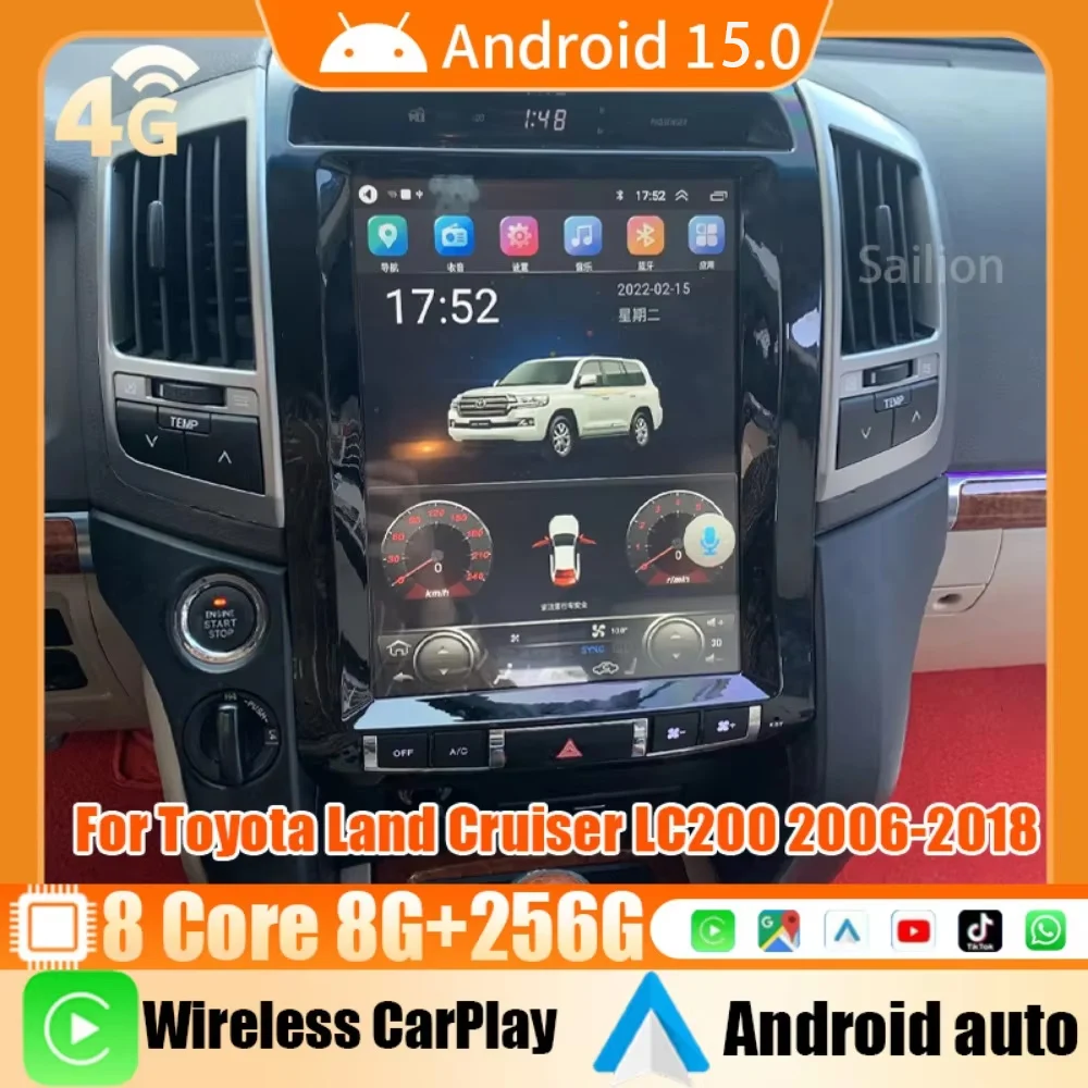 Android15 Car Radio For Toyota Land Cruiser LC200 2006-2018 Tesla Automotive Multimedia Carplay Auto WIFI Bluetooth Stereo 4G