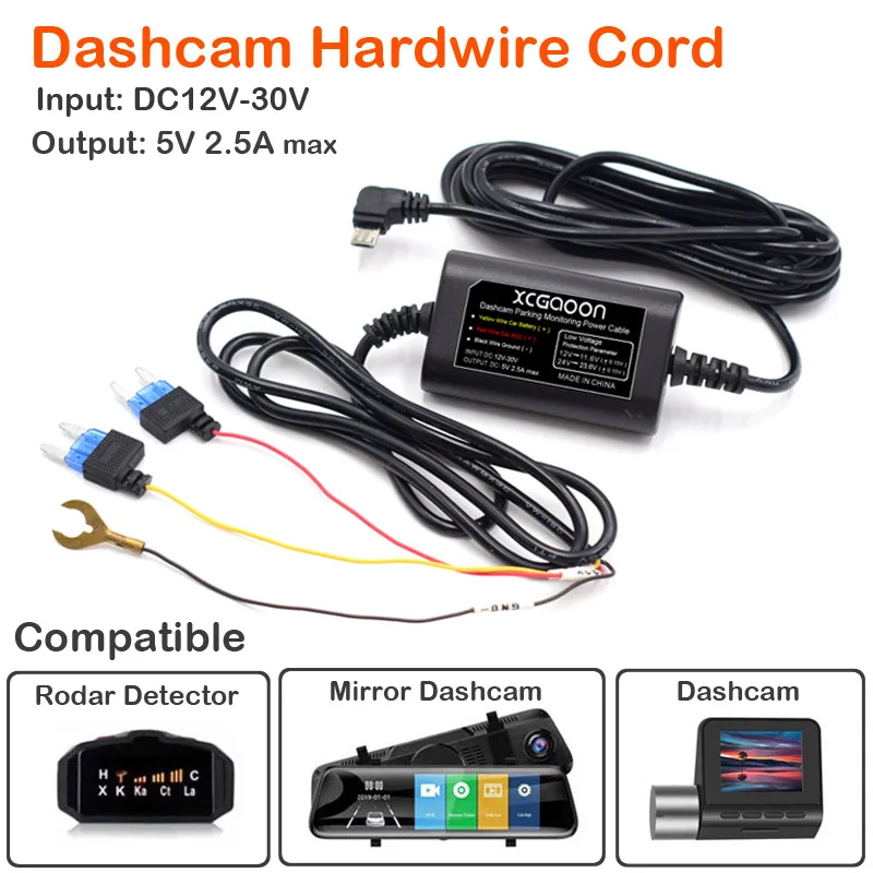 5V 2.5A Car Dash Cam DVR Camera 24H Parking Monitoring Hardwire Kit Cord With Mini Micro Type-C USB Charger Line, 3.1 Meters